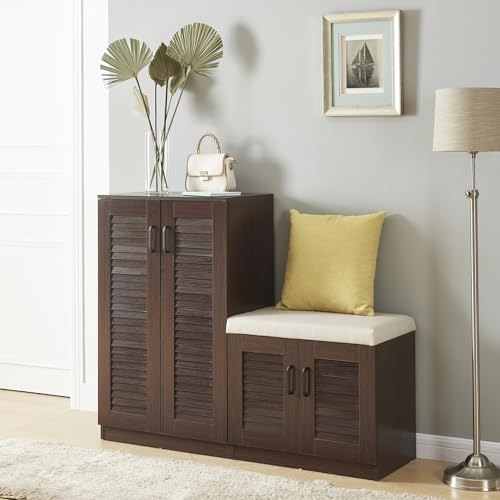 en.casa Set und Sitzbank gepolstertem Sitz Rollladentüren und geneigten Regalen 97x 120x 36 cm MDF Wenge