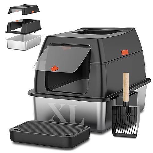 Katzenklo Edelstahl mit Deckel XXL Geschlossene Katzentoilette mit 2 Eingängen Trittstufe Schaufel Matte Leicht zu Reinigen Geruchshemmend Cat Litter Box für große Katzen Schwarz