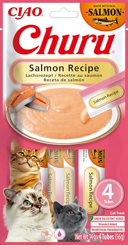 INABA Churu Katzenleckerlis Cat Treats 30% Lachs Reich an Omega 3 Vitamin E Kollagen Nur 12 kcal pro Tube Gesunde Schleckies aus Japan 56g 1er