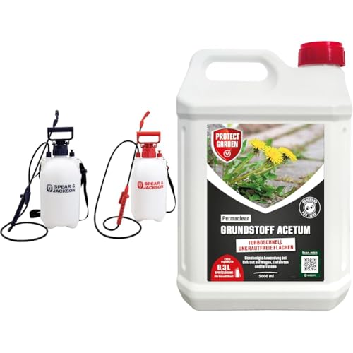 Spear Jackson Drucksprüher 5 l Doppelpack Protect Garden Permaclean Grundstoff Acetum turboschnelle Beseitigung von Unkraut auf Wegen Plätzen und Terrassen 5l Kanister
