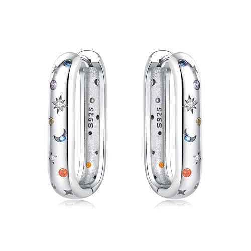 MISEFF 925er Silber Creolen mit Stern- und Mondmotiv farbige Zirkonia Steine U-förmige Ohrringe für Frauen minimalistisches Design