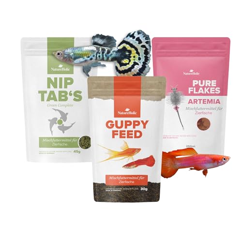 NatureHolic Guppy Futter Komplett Set Guppy Futter Softgranulat Flakes Hafttablette Futtermix für Guppys lebendgebärende Zierfische Mit Omega3 Algen Vitaminen Farbboostern