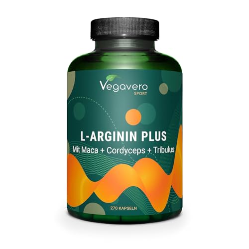 L-ARGININ Plus Vegavero 270 Kapseln L-Arginin Base mit Maca Cordyceps Tribulus Zink BOOSTER für aktive Männer Hochdosiert VEGAN Ohne Zusätze