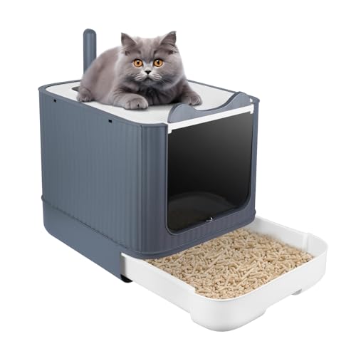 OHMG Katzentoilette mit Deckel Katzenklo Katzen Katzenklo Groß mit Schublade und Schaufel Ausziehbares Tablett Katzenklo Geschlossen Leicht zu Reinigen