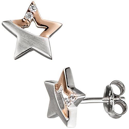 Jobo Damen-Ohrstecker Stern aus 925 Sterling Silber Bicolor vergoldet mit Zirkonia
