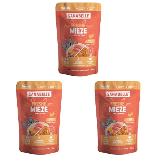 Sanabelle Freshe Mieze - Pute Huhn 100 g Beutel voll recyclingfähig Dampfgegartes Nassfutter für Katzen Katzenfutter wie frisch gekocht Eine Marke von Bosch Tiernahrung Packung mit 3