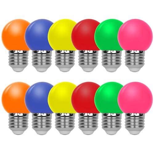 AUAUY 12 Stück E27 LED Bunte 1W Farbige Glühbirnen G45 Beleuchtung Glühbirnen LED Bunte Birnen Deko Glühbirne Rot Orange Gelb Grün Blau und Rosa für Weihnachten Hochzeit Party E27-Sockel