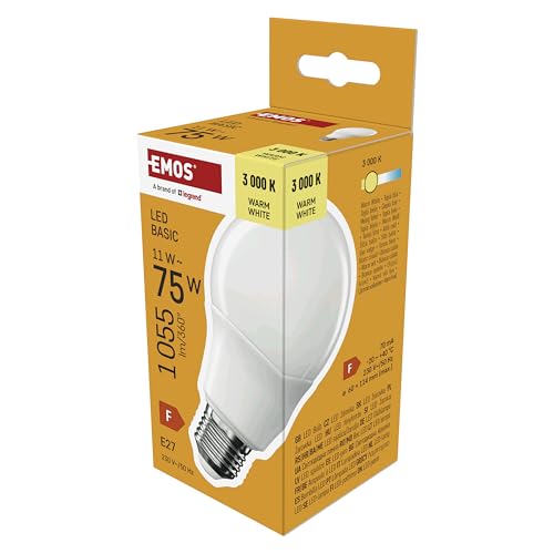 EMOS - LED-Lampe BASIC A60 - E27 Sockel - Warmweiß - 1055 lm - 11W Ersatz für 75W Glühbirne - Lebensdauer 20 000 Stunden - Abstrahlwinkel 200 - CRI min. 80