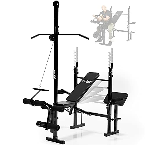 Physionics Multifunktion Hantelbank - Verstellbar Bankdrücken mit Latzug Ablage Butterfly Curlpult Beincurler - Kraftstation Fitnessstation Trainingsbank Fitnessbank Dip-Station Schrägbank