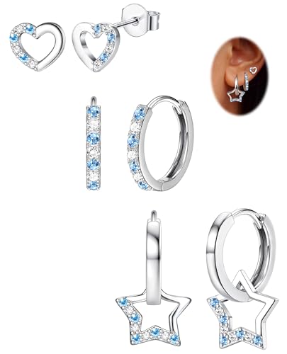 JeweBella 3 Paar Ohrringe Silber 925 Pfosten für Damen Mädchen - Ohrstecker Creolen Silber Herz Stern Earrings Stapelbar Hängend Kinder Ohrringe Mädchen Rosa Blau Lila