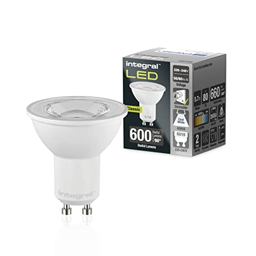 Integral LED 5 PACK GU10 Kaltweiß 4000K 600LM 5 7W entspricht 75W Dimmbare Lampe - Energieeffizient Ideal für Spotlights Downlights in Badezimmern Küchen Wohn- Schlafzimmern