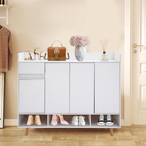 WindWilder Schuhschrank Schublade   120 32 100cm   Modern Schuhregal 4 Türen für Eingang Flur Schlafzimmer Wohnzimmer Weiß