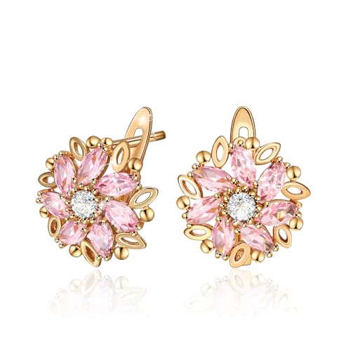 XUPING Flower Ohrringe für Damen Kristall Blume Ohrringe 14k Gold Creolen Hängend Pink Strass Hypoallergenic Jewelry Rosa