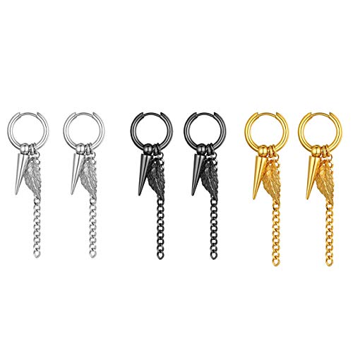 Flongo Damen Ohrringe Herren Ohrstecker aus Edelstahl Gestüt Stecker Creolen Huggie Ohrhänger Silber Gold Schwarz mit hängend Blätter Kette Anhänger Gotik Frauen Männer