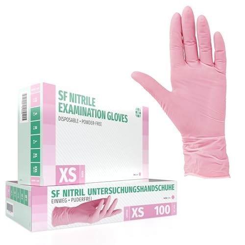 SF Nitrilhandschuhe XS Rosa 100 Stück Einweghandschuhe Einmalhandschuhe Medizinische Handschuhe Puderfrei Latexfrei Handschuhe Einweg zum Kochen Putzen für Medizin Küche Kosmetik Haushalt