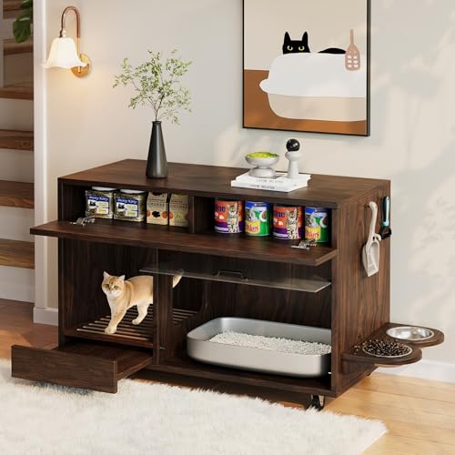 Katzenklo Schrank Katzenschrank Bewegbarer Katzentoilette Schrank mit Katzenfuttertellern Sand Auffangschale Lochplatte mit Haken Löchern Ohne Katzenklo 100 45 5 67cm Walnuss