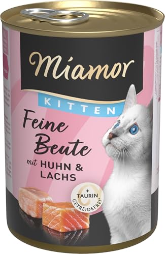 Miamor - Feine Beute Kitten Nassfutter für Katzenkinder mit 7 Sorten Fleisch und Innereien. Getreidefreies Alleinfutter mit Taurin in der Dose ohne künstliche Zusätze 12x400g Huhn Lachs