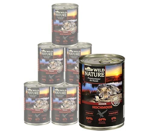 Dehner Wild Nature Hundefutter Hochmoor Nassfutter getreidefrei zuckerfrei für ältere Hunde Ente 6 x 400 g Dose 2.4 kg