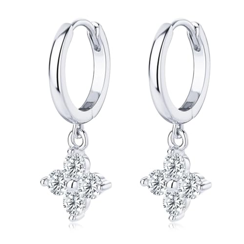 TEOZBLU 1 Paar Ohrringe Damen Silber 925 Zirkonia Ohrstecker Creolen Bohren vierblättrige Kleeblatt Ohrringe für Piercings