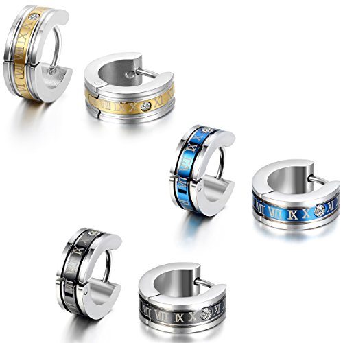 JewelryWe Schmuck 3 Paare Herren Ohrringe Edelstahl Römischen Ziffern Creolen Ohrstecker Blau Schwarz Gold Silber