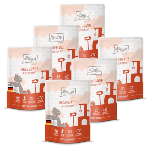 MjAMjAM - Premium Nassfutter für Katzen - Quetschie - herzhaftes Wild an fruchtigem Apfel 6er Pack 6x300g getreidefrei