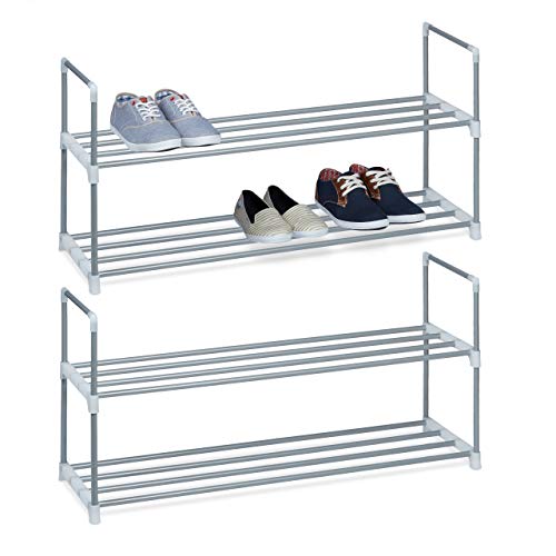 Relaxdays 2 x Schuhregal Metall 2 Ablagen beliebig erweiterbar Schuhablage für 8 Paar Schuhe HBT ca 45 x 90 x 30 cm Silber