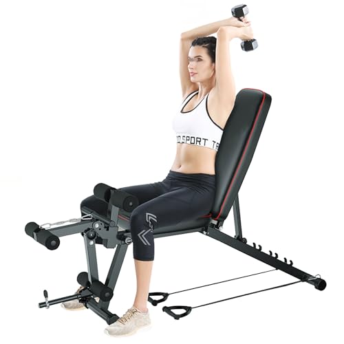Weyot Hantelbank Verstellbar Hantelbank Klappbar Mit Beincurler Beinstrecker 5-Fach Verstellbare Schrägbank Multifunktions-Trainingsbank Für Zuhause Mit Zugseil Bis 200kg Belastbar