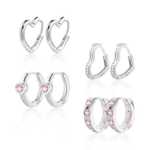  4 Paar Multipack Zirkon Rosa Ohrring Herzform Kreolen für Mädchen