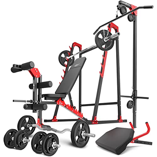 Marbo Sport   Set MH26   Verstellbare Hantelbank Langehantelständer Latzug Curl Bank Beintrainer 1x SZ Curlstange 2X Kurzhantelstange 1x Langhantelstange gummierte Gewichtsscheiben 83 insg.Kg