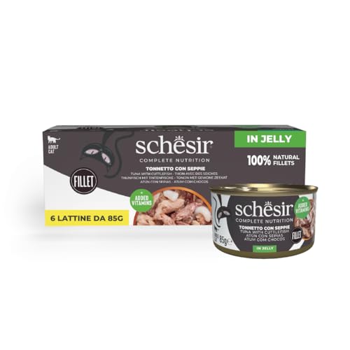 Schesir Thunfisch mit Tintenfischen in Gelee komplettes Nassfutter für Katzen in Dose mit zusätzlichen Vitaminen 100% natürlich 6 x 85 g