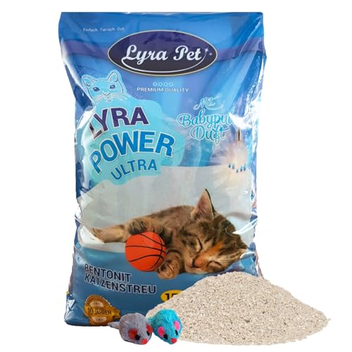 Lyra Pet 15 Liter Lyra Power Ultra Excellent Katzenstreu 2 Spielmäuse Mit Babypuder Duft Klumpstreu 350% Saugkraft Naturprodukt aus Bentonit Saubere Wohnung Neutralisiert Gerüche