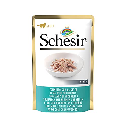 Schesir Nassfutter für Erwachsene Katzen im Geschmack Thunfisch mit Alicette hergestellt aus weichem Gelee insgesamt 1 7 kg 20 Beutel 85 g