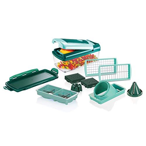 Genius A34035 Nicer Dicer Fusion smart Gemüseschneider-Set 12tlg-Zerkleinerer mit Auffangbehälter XXL-Messereinsatz Julietti-Spiraleinsatz Würfel Stifte Viertel Achtel Julietti PP