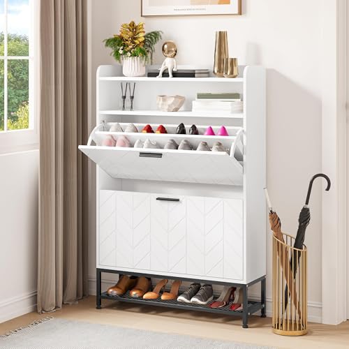 YITAHOME Schuhschrank Schuhkipepr aus Holz mit 2 Klappschubladen freistehender Schuhkommode mit offenen Regalen und Metallbeinen Schuhregal für Wohnzimmer Eingangsbereich Flur