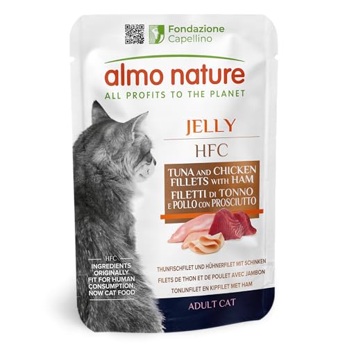 almo nature HFC Jelly Nassfutter für Erwachsene Katzen Thunfischfilet und Hühnerfilet mit Schinken -24 x 55 g.