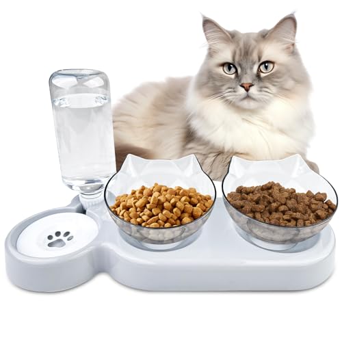 Ceisazira 3 in 1 Futternapf Katze Erhöht 15 Kippbare Fressnapf Katze Katzen Napfset mit Wasserfontänen Erhöhter Katzennäpfe Katzenschüssel Katzenfressnapf Katzenfutter Napf Cat Bowl Grau
