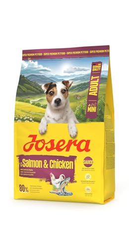 JOSERA Mini Adult Lachs Huhn 5 x 900 g Premium Trockenfutter für ausgewachsene Hunde Kleiner Rassen mit Biotin kleine Kroketten mit leckerem Soßenpulver auch nass zu verfüttern 5er Pack
