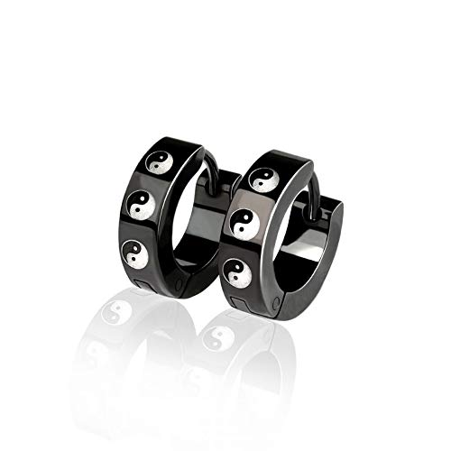 BlackAmazement 2er Set 316L Edelstahl Klapp Creolen Ohrringe Yin Yang Symbol Tajitu Silber Schwarz Damen Herren Schwarz