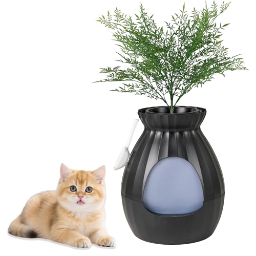 GYMAX Katzenklo verstecktem Katzenklo-Gehäuse mit intelligentem Geruchskontrollsystem Kunstpflanze Katzentoilette mit Türvorhang Kieselsteinen Schaufel für Katzen 50 x 50 x 59 cm
