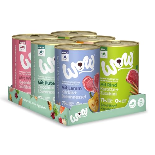 Wow Nassfutter für Hunde verschiedene Geschmacksrichtungen 6 x 400 g 2 x Rindfleisch 1 x Lamm 1 x Truthahn 1 x Lachs 1 x Hirsch