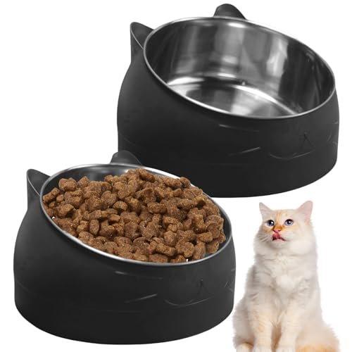 GOMETY 2 PCS Katzennapf Edelstahl 400ML Katzen Futternapf 15 Geneigter Erhöhter zum Schutz Halswirbelsäule Fressnapf für Katze Hunde Abnehmbarer Katzennäpfe rutschfest Edelstahlnapf für Futter Wass