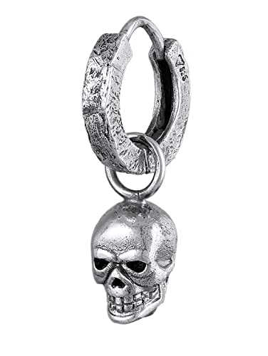 Kuzzoi Herren-Ohrring Creole 12mm rund mit Totenkopf Anhänger für den Mann 1 Stück Ohrhänger aus 925 Sterling Silber oxidiert Biker Skull Schmuck