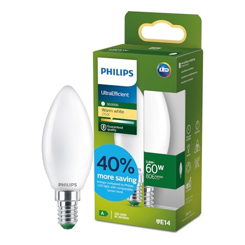 Philips LED UltraEfficient Frosted B35 Kerzenlampe E14-Kleiner Edison-Schraubverschluss Energieklasse A 806 lm entspricht 60 W Warmweiß 2700 K EyeComfort 50.000 Stunden 1 Packung