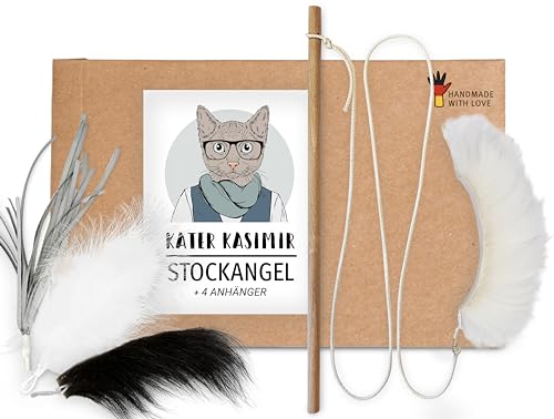 Katzenangel Set 4 tauschbare Anhänger Spielangel für Katzen. Die Angel besteht aus Holz ist lang und stabil