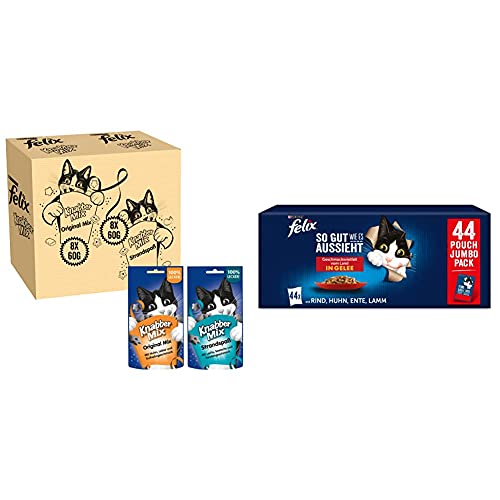 FELIX Knabber Mix Original Strandspaß Katzensnack mit verschiedenen Sorten 2er Pack 2 x 8 Beutel 60g So gut wie es aussieht Katzenfutter nass in Gelee Sorten-Mix 44er Pack 44 x 85g