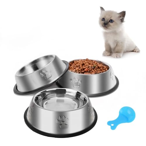 Katzennapf 3 Stück Futternapf Katze Katzennäpfe Edelstahl rutschfest Katzen Napf Set Haustier Fressnapf Futterschüssel Wasser Fütterung Schüssel für Katze Kleine Hunde Tiere S-195ml