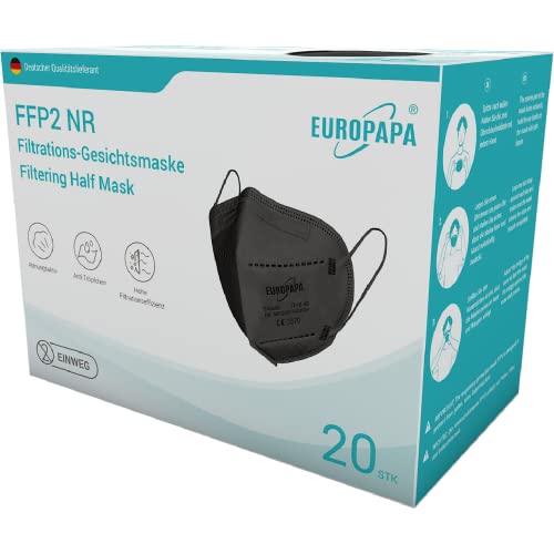 EUROPAPA 20x Schwarz Maske Atemschutzmaske 5 Lagen Staubschutzmasken hygienisch einzelverpackt Stelle zertifiziert EN149 2001 A1 2009 Mundschutzmaske EU2016 425