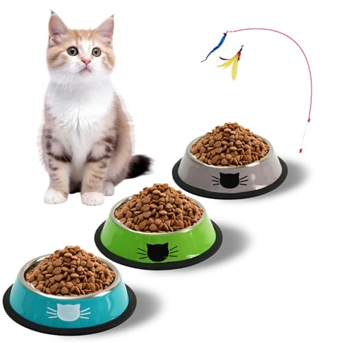  3er Katzenspielzeug Edelstahl katzennäpfe Katzenschüssel Wasser Fütterung Schüssel für kleine Hundetiere Blau Grün Silber