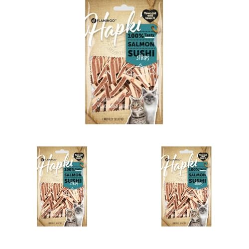 Flamingo Leckerli Katze Sushi Strips mit Lachs 85g ohne Zuckerzusatz glutenfrei Snack Hapki Packung mit 3