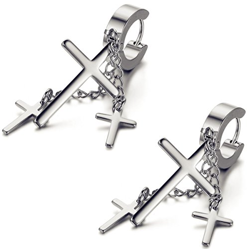 Flongo Damen Ohrringe Herren Ohrstecker Edelstahl Gestüt Stecker Creolen Huggie Ohrringe Ohrstecker Ohrhänger Silber Kruzifix Kreuz Kette hängend Anhänger Gotik Punk Rock Frauen Männer